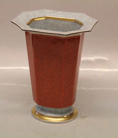 Royal Copenhagen Craquelé, (Crackelure) 212-2504 RC Vase red, grey and gold 17 x 13.5 octagon rim