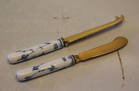 Blue Fluted Danish PorcelainPair of Butter knife  16.5 cm & Cheese knife 18.5 cm gilt steel blades