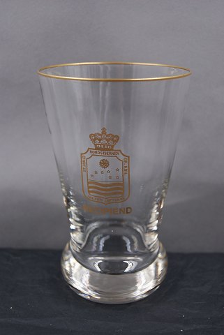 Frimurerglas, ølglas på rund fod med guldkant dekoreret med slebne symboler