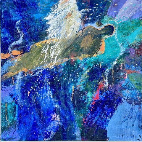 "Crossing with Spirit" Olie maleri på lærred i sølv svæveramme.