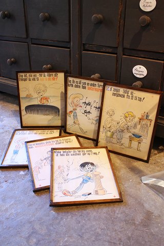 Dekorative , gamle tegninger (print) af Leo Fredsbjerg tegninger med 
"Opdragende" rim og slogans...