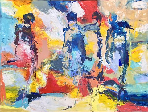 Flot komposition, akryl maleri, monteret i massiv egetræs svæveramme fra Bogø 
Design.