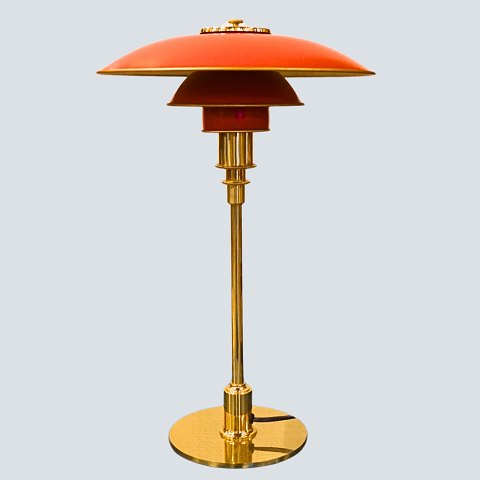 Poul Henningsen; PH 3/2 table lamp, with red lacquered shade