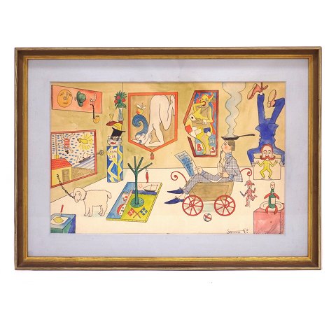 Robert Storm Petersen, 1882-1949, Danish artist 
and humorist. Water color on the theme of an art 
exhibition. Signed "Storm P.". Visible size: 
30x47cm. With frame: 44x59cm