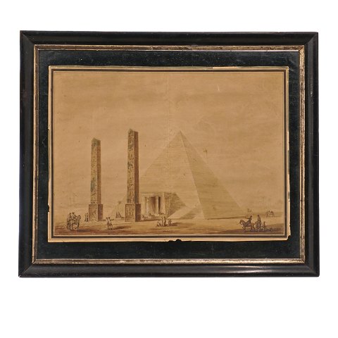 Ubekendt kunstner 1800-tallet: Egyptisk parti med pyramider og obelisker. Mixed media, pen og akvarel. Lysmål: 34x46cm. Med ramme: 48x59cm