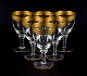 Rimpler Kristall, Zwiesel, Germany, six hand blown crystal red wine glasses with gold rim decorated with grapes and vine leaves.