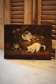 Oil painting on canvas of 4 small kittens playing in a flower pot. Signed J. Chamand 1930...