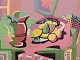 Scandinavian modernist, oil on board, still life with fruits and pitcher. Coloristic palette.