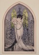 Louis Icart (1888-1950). Farvelitografi på japanpapir. Elegant kvinde med buket af roser i en kirke.