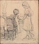 Sophus Paulsen, Danish painter.Pencil drawing. Double portrait of girls with their backs turned in an interior.