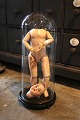 Old French cylindrical glass globe with permanently mounted "art" installation 
of old doll body...