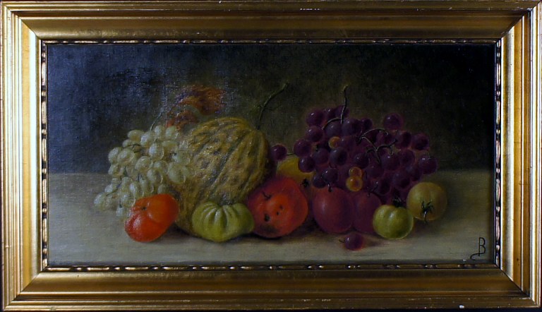 Oil on canvas, still life with fruit and vegetables. Approximately 1900. Monogram "B". Unknown painter.