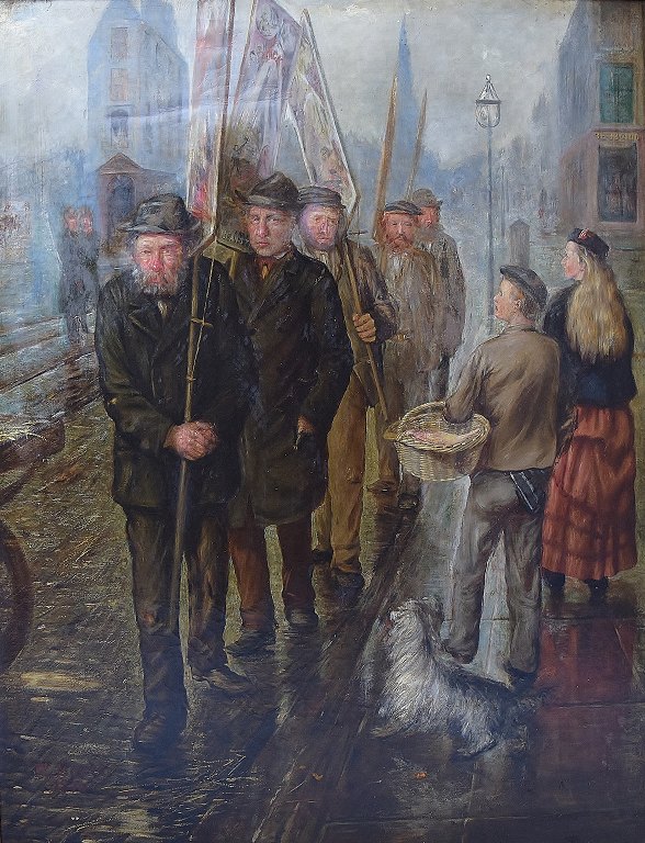 British artist, G. Scott. Oil on canvas. Parade / demonstration by workers / flag carriers, British city in app. 1870.