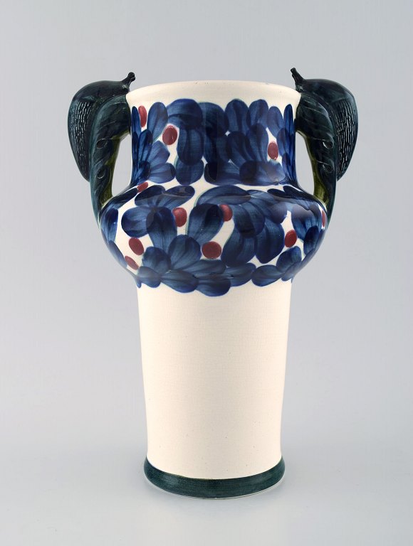 Aluminia, Copenhagen, rare snail vase, hand painted with snails and floral motifs.