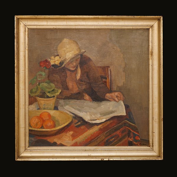 Carl Fischer, 1876-1953: Læsende kvinde. Olie på lærred. Signeret. Lysmål: 
67x68cm. Med ramme: 55x56cm