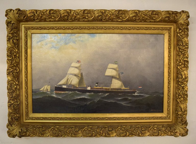 Antonio Jacobsen: Portrait of the steamer Rotterdam. Stars and stripes and dutch flag. Oil on canvas.