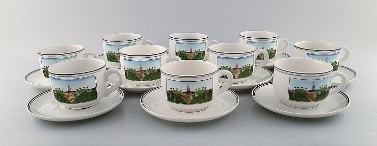 Villeroy & Boch Naif kaffeservice i porcelæn. Et sæt på 10 store kopper med underkopper dekoreret med naivistisk landsbymotiv.