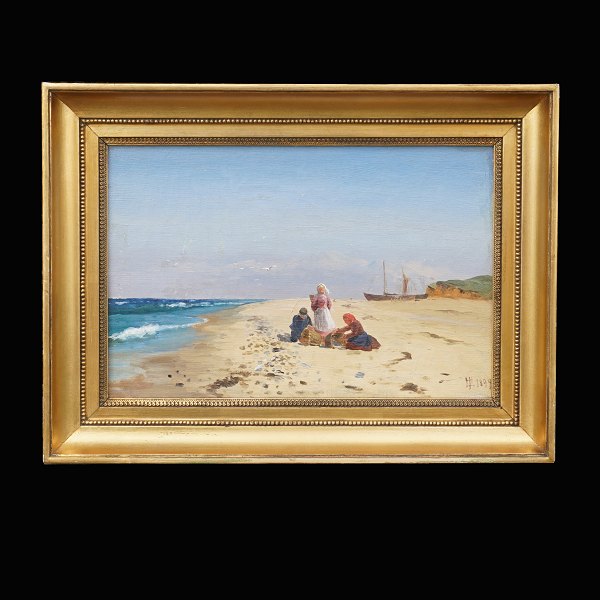 Holger Lübbers, 1850-1931, Persons at a beach. Oil on canvas. Signed and dated 
1894. Visible size: 20x30cm. With frame: 30x40cm