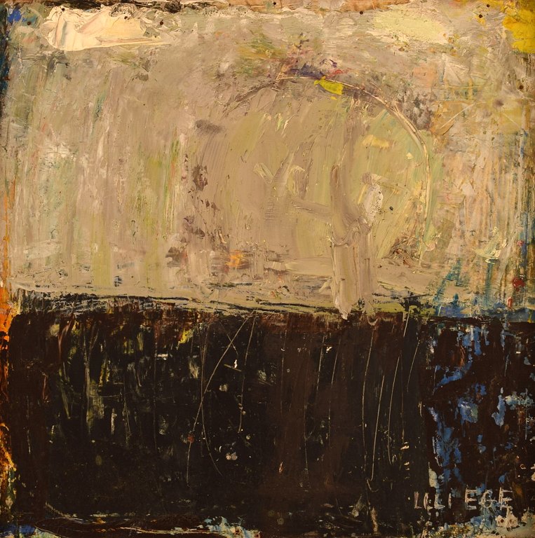 Lili Ege (1913-2004). Dansk kunstmaler. Olie på plade. "Vinterdag". Modernistisk landskab. Dateret 1970.