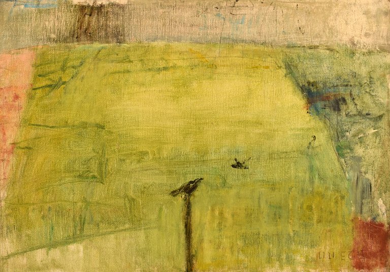 Lili Ege (1913-2004). Dansk kunstmaler. Olie på opklæbet lærred. "Forår". Modernistisk landskab. 1970