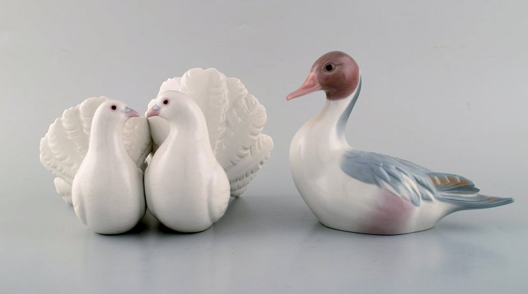 Lladro, Spain. Two porcelain figurines. Two pigeons and mandarin duck. 1980 / 90