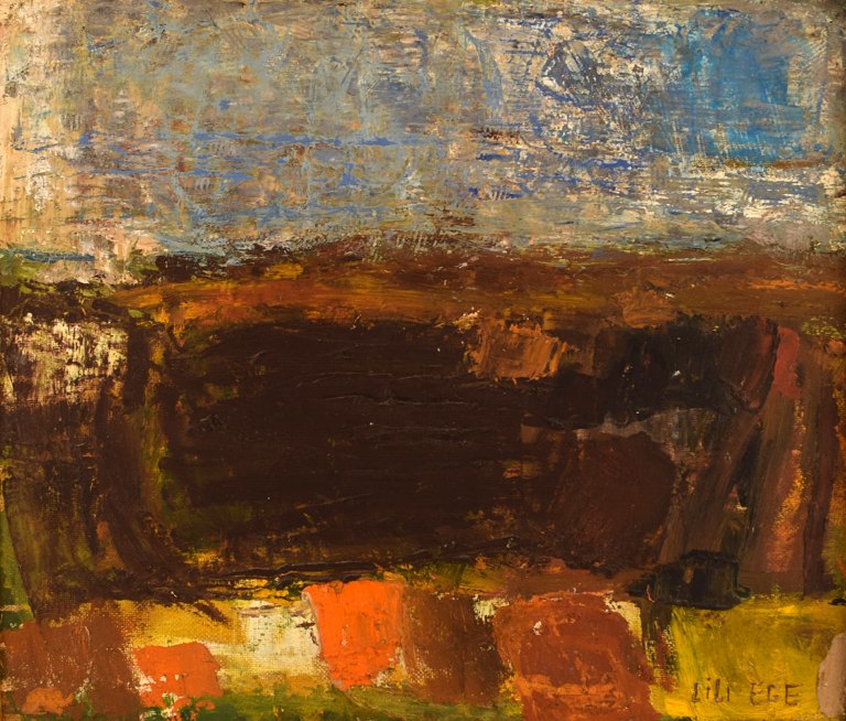 Lili Ege (1913-2004). Danish painter. Oil on board. Modernist landscape. Dated 1964.