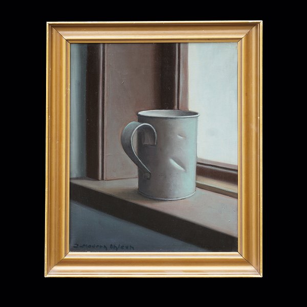 Jeppe Madsen-Ohlsen, 1891-1948, olie på lærred. Bulet tinkrus i vindueskarm. Signeret. Lysmål: 37x28cm. Med ramme: 45x36cm