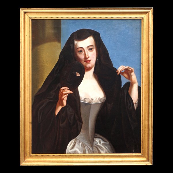 Carl Vilhelm Balsgaard, 1812-93, olie på lærred efter Andreas Møller ca. år 1730. Kvinde med sort kappe over hovedet og maske i hånden. Lysmål: 75x61cm. Med ramme: 88x74cm