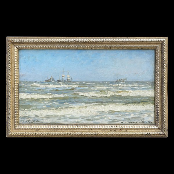 Carl Locher marinebillede, Dronningmølle. Carl Locher, 1851-1915, olie på lærred monteret på plade. Signeret "Carl Locher Dronningmølle 1902". Lysmål: 29x52cm. Med ramme: 39x62cm