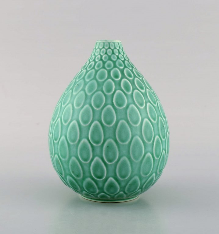 Nils Thorsson for Aluminia. Marselis vase in glazed faience. Beautiful glaze in 
turquoise shades. Mid-20th century.
