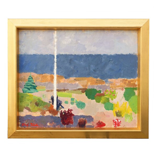 Olaf Rude maleri. Olaf Rude, 1886-1957, olie på lærred. Udsigt fra kunstnerens 
atelier i Gudhjem, Bornholm. Signeret Olaf Rude.
Lysmål: 54x65cm. Med ramme: 67x78cm