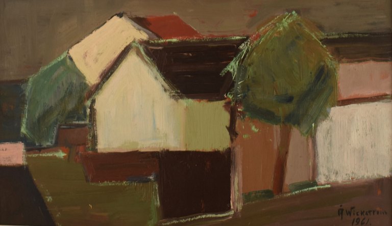 Åke Wickström (b. 1927), Sweden. Oil on board. Modernist landscape. Dated 1961.
