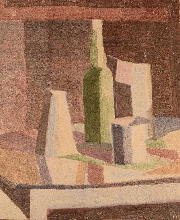 Svensk kunstner. Akvarel på tung stenflise. Modernistisk opstilling. Midt 1900-tallet.