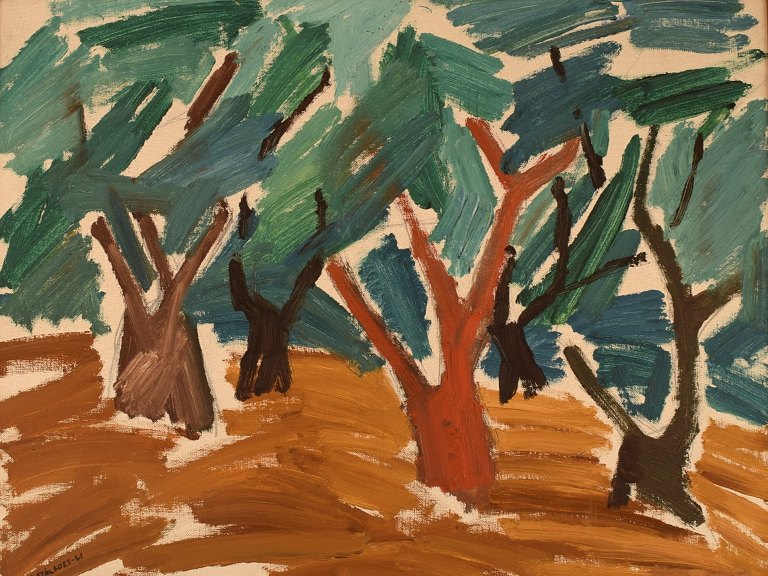 B. Stålfors, svensk kunstner. Olie på lærred. Modernistisk skovlandskab. Dateret 1961.