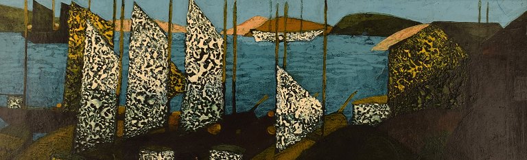 Sven Ahlgren (1922-1997), Sweden. Oil on board. Modernist landscape with fishing boats. Dated 1965.