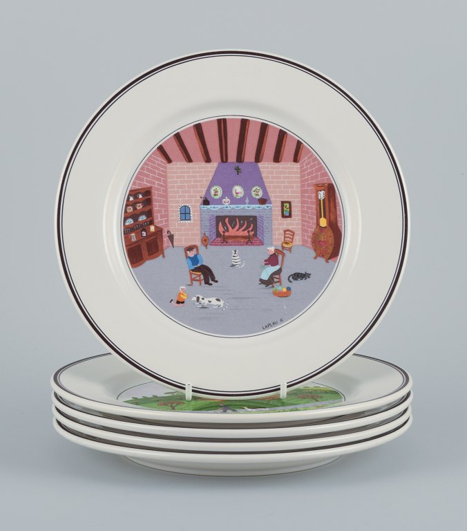 Villeroy & Boch, Luxemburg, design Gérard Laplau.A set of five "Naif" porcelain plates with motifs of families, villages and biblical scenes in a naïve style.
