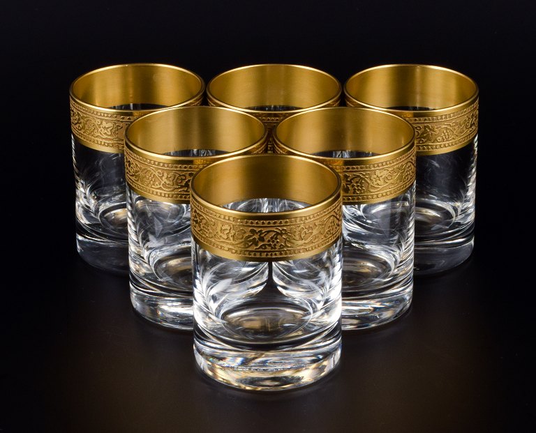 Rimpler Kristall, Zwiesel, Germany, six mouth blown crystal shot glasses with gold rim.