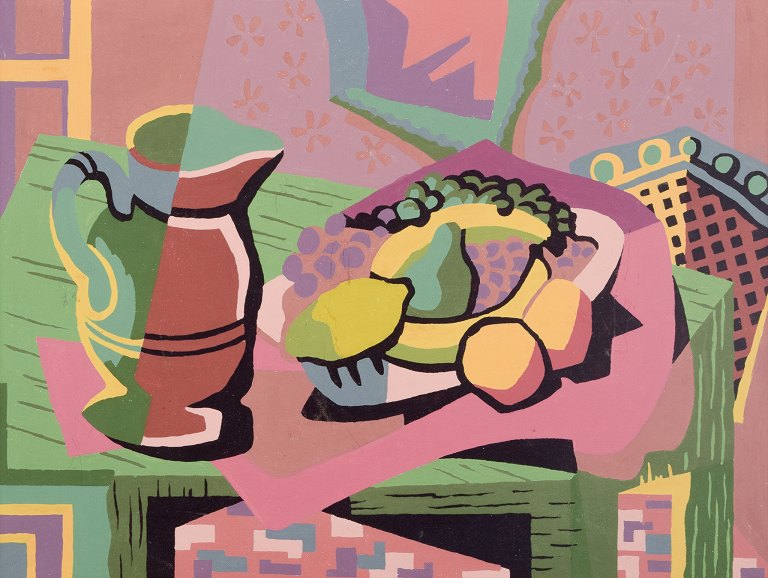 Scandinavian modernist, oil on board, still life with fruits and pitcher. Coloristic palette.