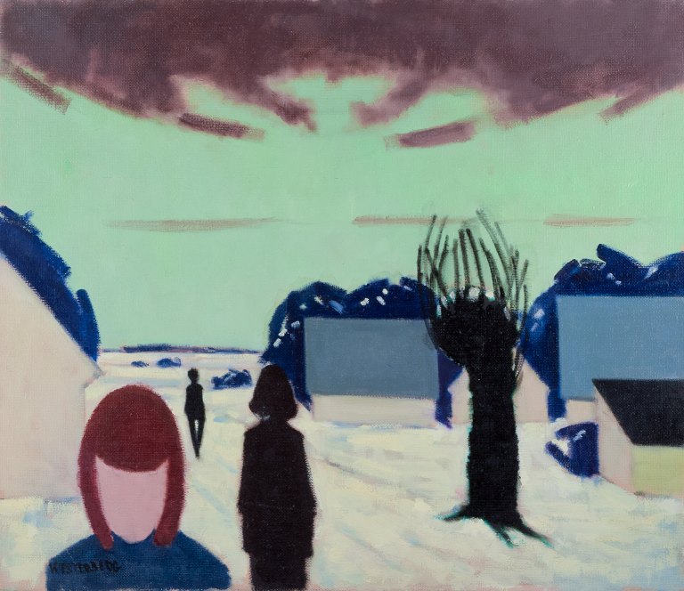 K. Westerberg, also known as Knud Horup, listed Danish artist, oil on canvas. Modernist style. Landscape with figures.