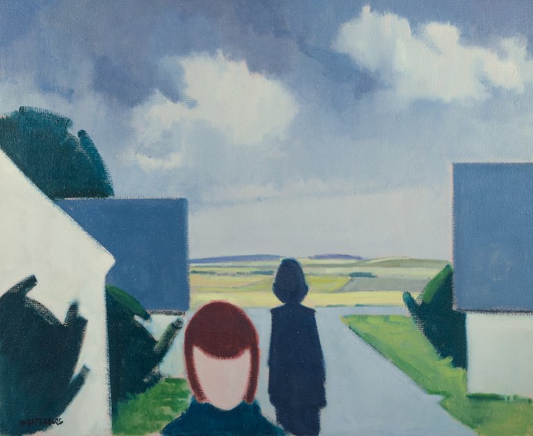 K. Westerberg, also known as Knud Horup, listed Danish artist, oil on canvas. Modernist style. Landscape with figures.