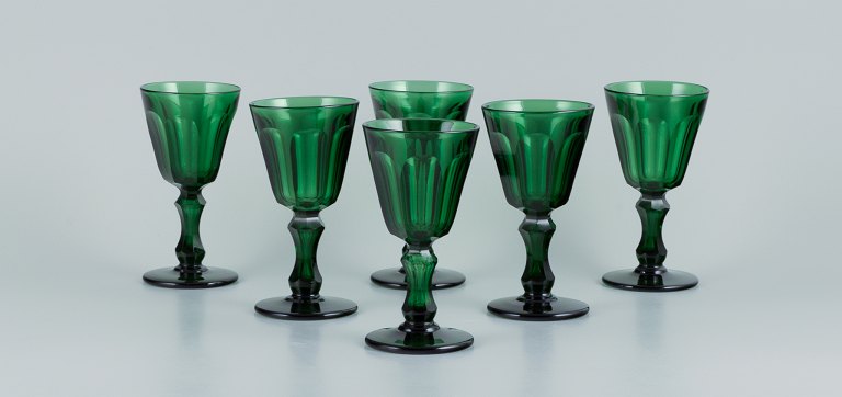 Val St. Lambert, Belgium, a set of six "Lalaing" white wine glasses in green crystal glass.