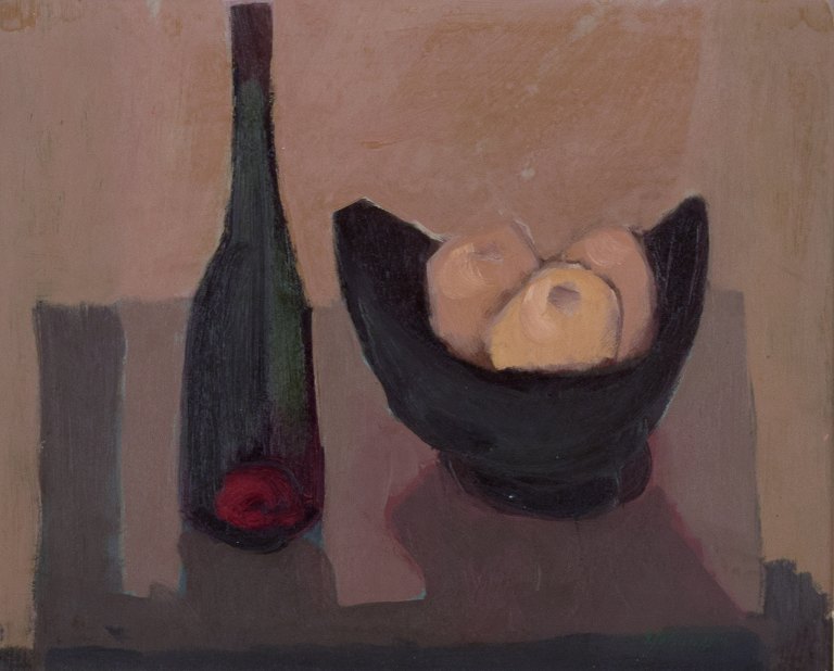 Sven Johansson  (1916-1990), Swedish artist, oil on board. Modernist still life with bottle and fruit basket.