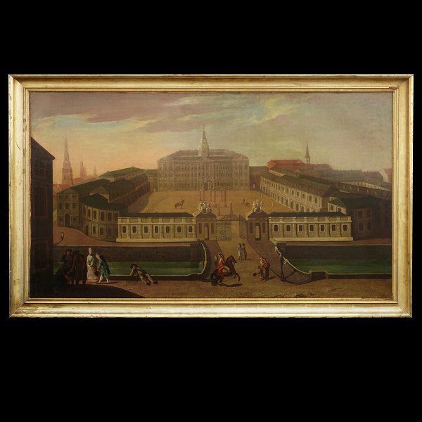 Grosse Partie mit Motiv von Christiansburg, Kopenhagen, und Volksleben im Vordergrund. Gemalt um 1755. Lichtmasse: 134x78cm. Mit Rahmen: 147x91cm