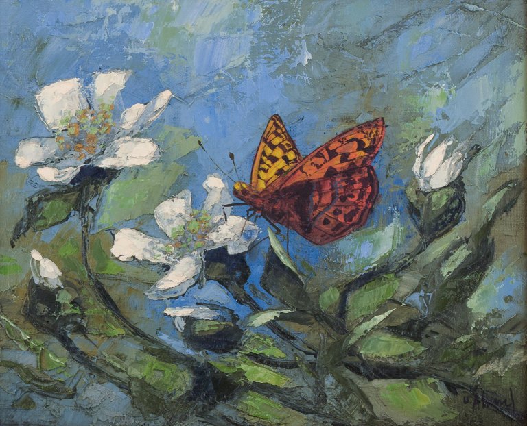 Ulf Ålund (born 1948), Swedish artist, oil on canvas. Mother-of-pearl butterfly in a flower landscape.