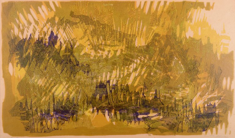 Rune Pettersson (1918-1999), svensk kunstner. Litografi på plade.Abstrakt komposition.