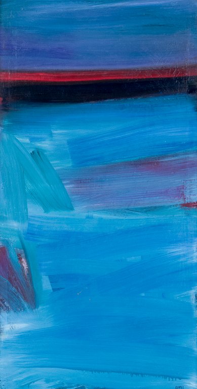 Lars Bertle, født 1925 i Helsingborg, svensk kunstner. Olie på lærred. 
”Norska Kusten”. Modernistisk landskab. Koloristisk palette.