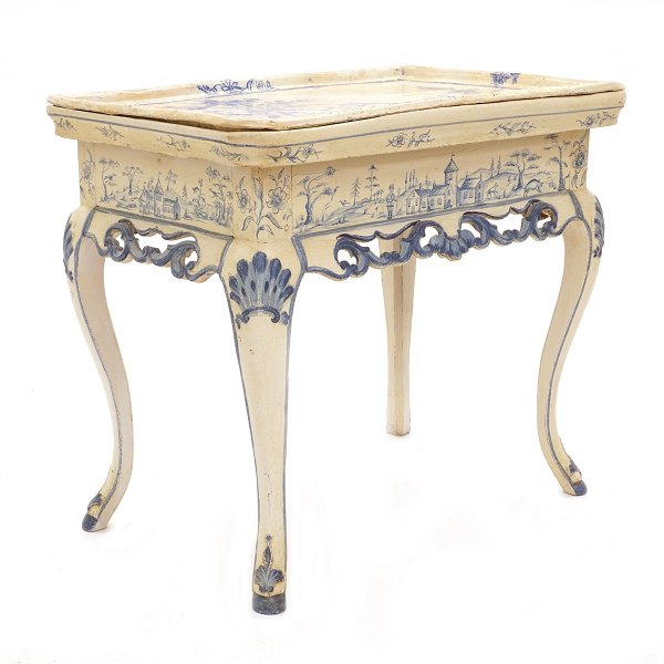 Rare faience tray top table manufactured in Morsø, Denmark, circa 1780. H: 74cm. top: 86x56cm