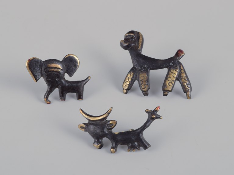 Walter Bosse (1904-1979), Austria.Three miniature bronze figurines. Baby elephant, cow, and poodle.