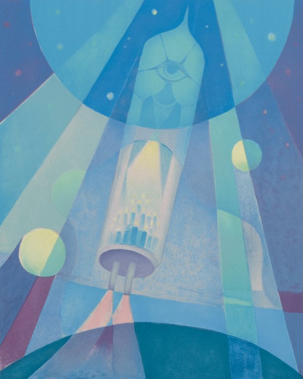 Sven Jonson (1902-1981), Swedish artist. Color lithograph on paper.Cubist-style depiction of a spacecraft.