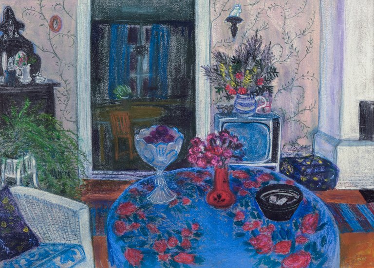 Evy Låås (1923-1999), Swedish artist. Pastel on paper.Living room interior. Colorful palette. Modernist style.